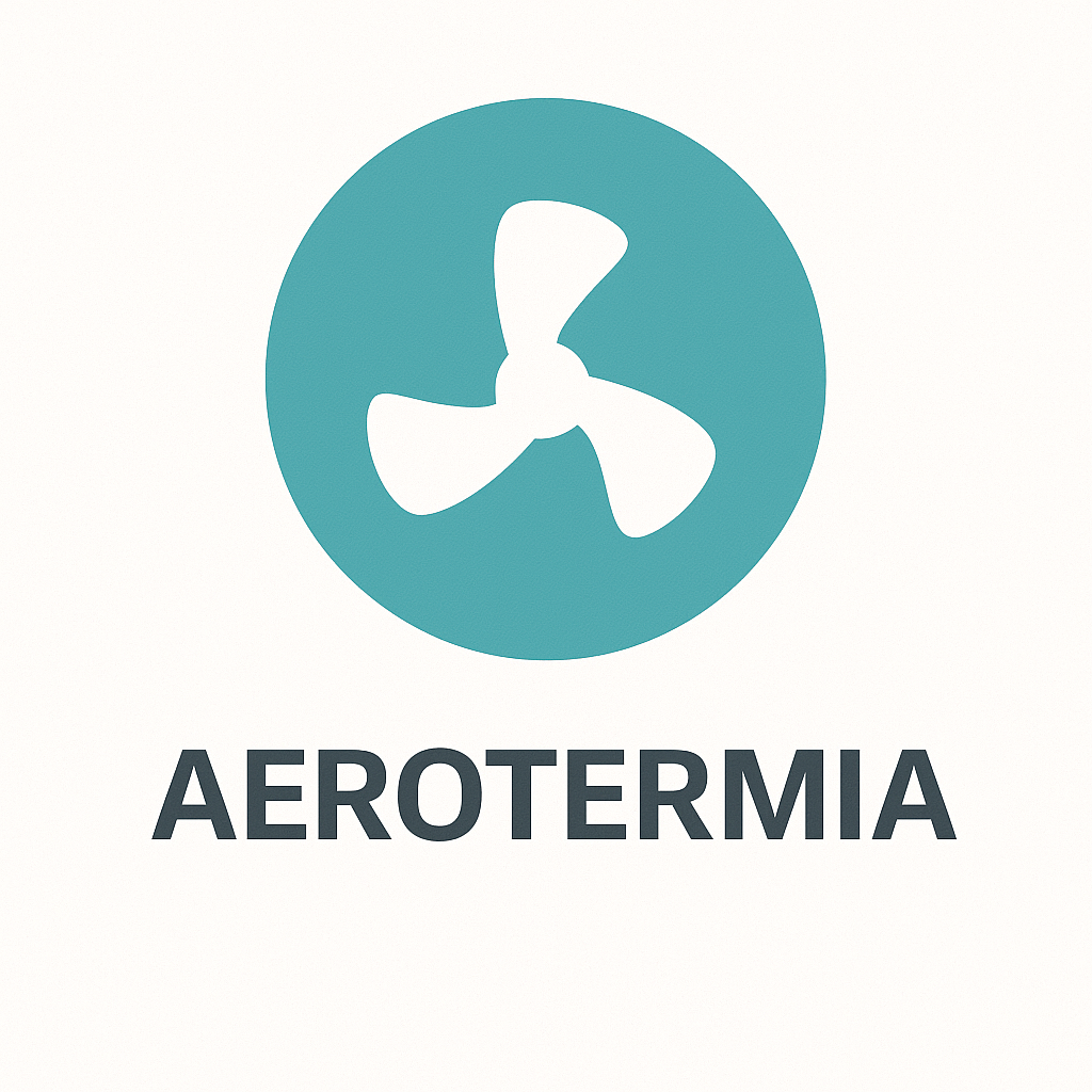 Icono de aerotermia, fondo turquesa con hélice blanca, texto Aerotermia