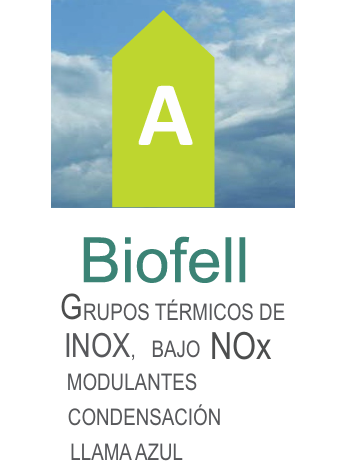 Caldera Biofell clase A, grupos térmicos de acero inoxidable con condensación, llama azul y bajas emisiones NOx
