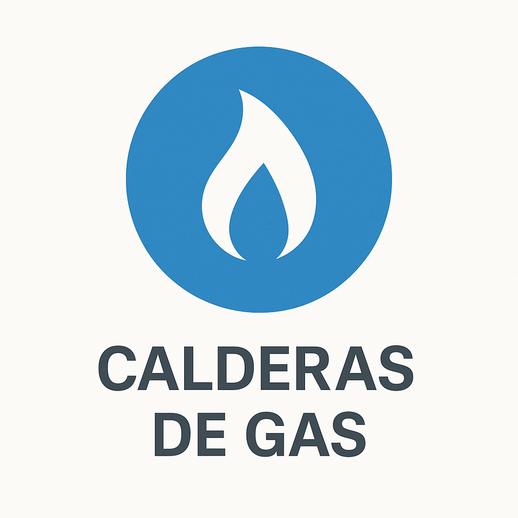 Icono de calderas de gas, fondo azul con llama blanca, texto Calderas de Gas