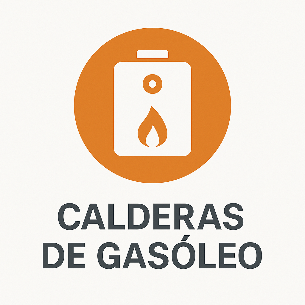 Icono de calderas de gasóleo, fondo naranja con caldera y llama blanca, texto Calderas de Gasóleo